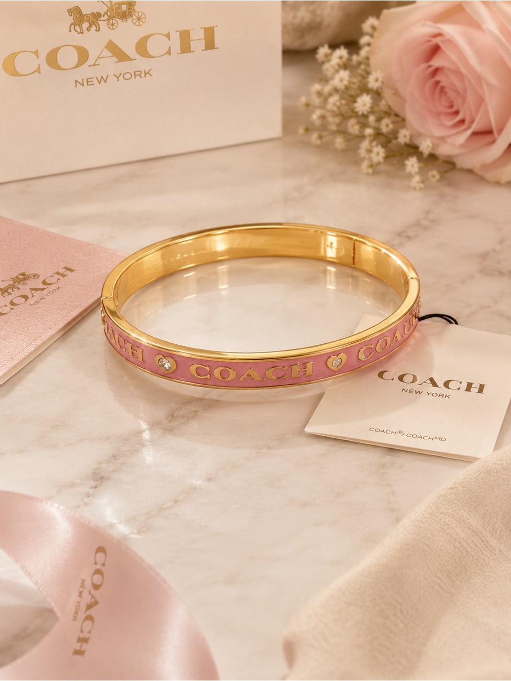 💖✨ NWT Coach Pink Enamel Bangle Bracelet | Gold Tone with Crystal Accents ✨💖
